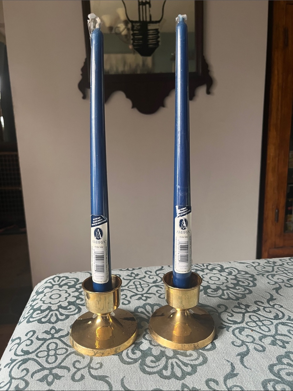 Solid Brass Candle Holders with Blue Taper Candles -Set of 2